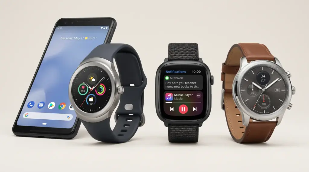 Android phone beside three compatible smartwatches showing better Apple Watch alternatives.