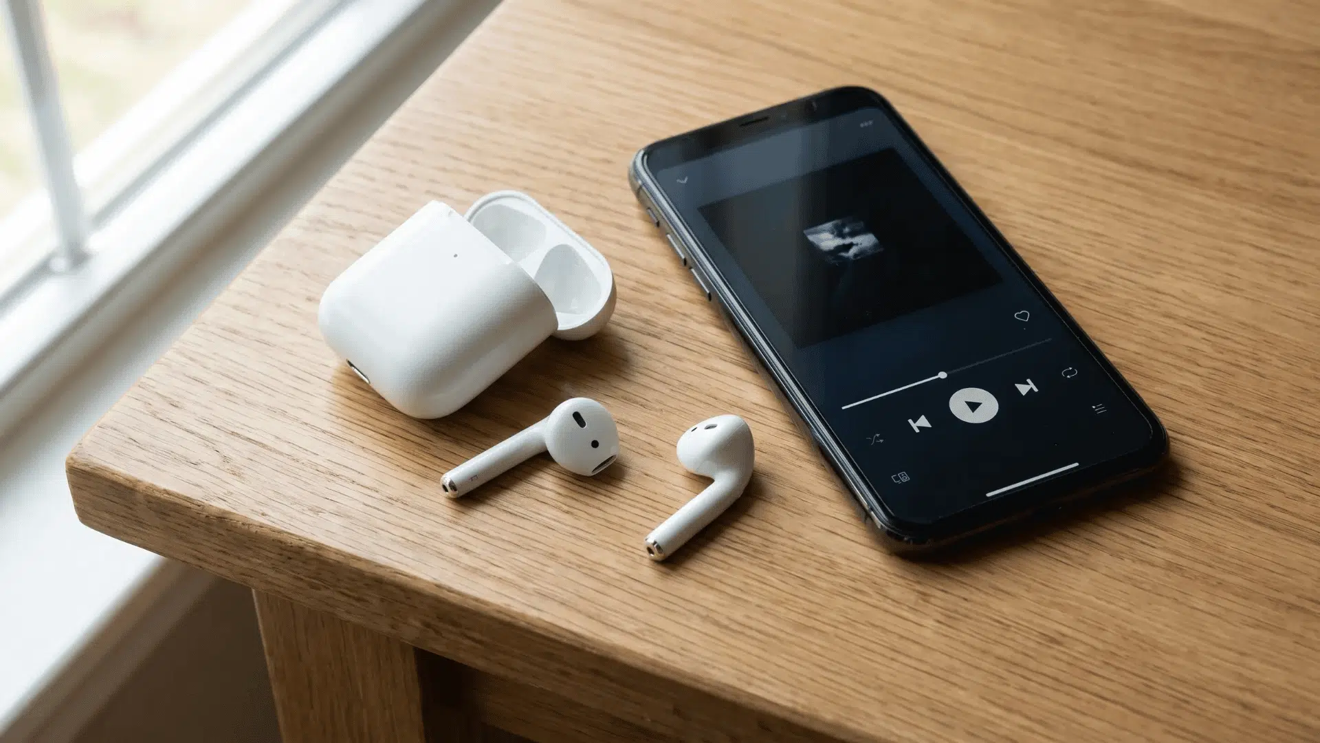AirPods and an open charging case beside a smartphone displaying music playback controls.