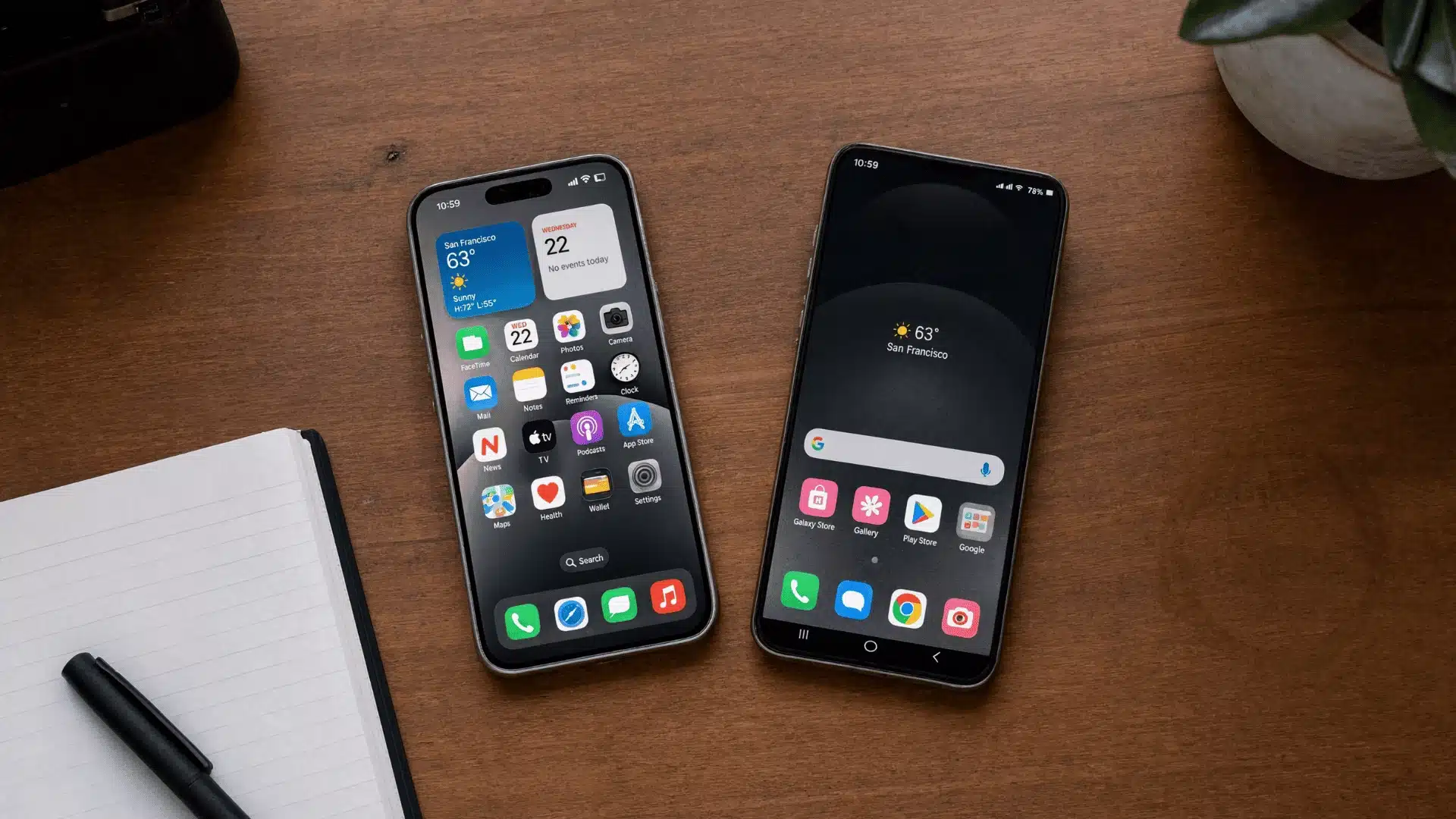 Overhead view of an iPhone and Android smartphone side by side on a wooden desk, showing their different home screen layouts, with a notebook, pen, and small plant nearby