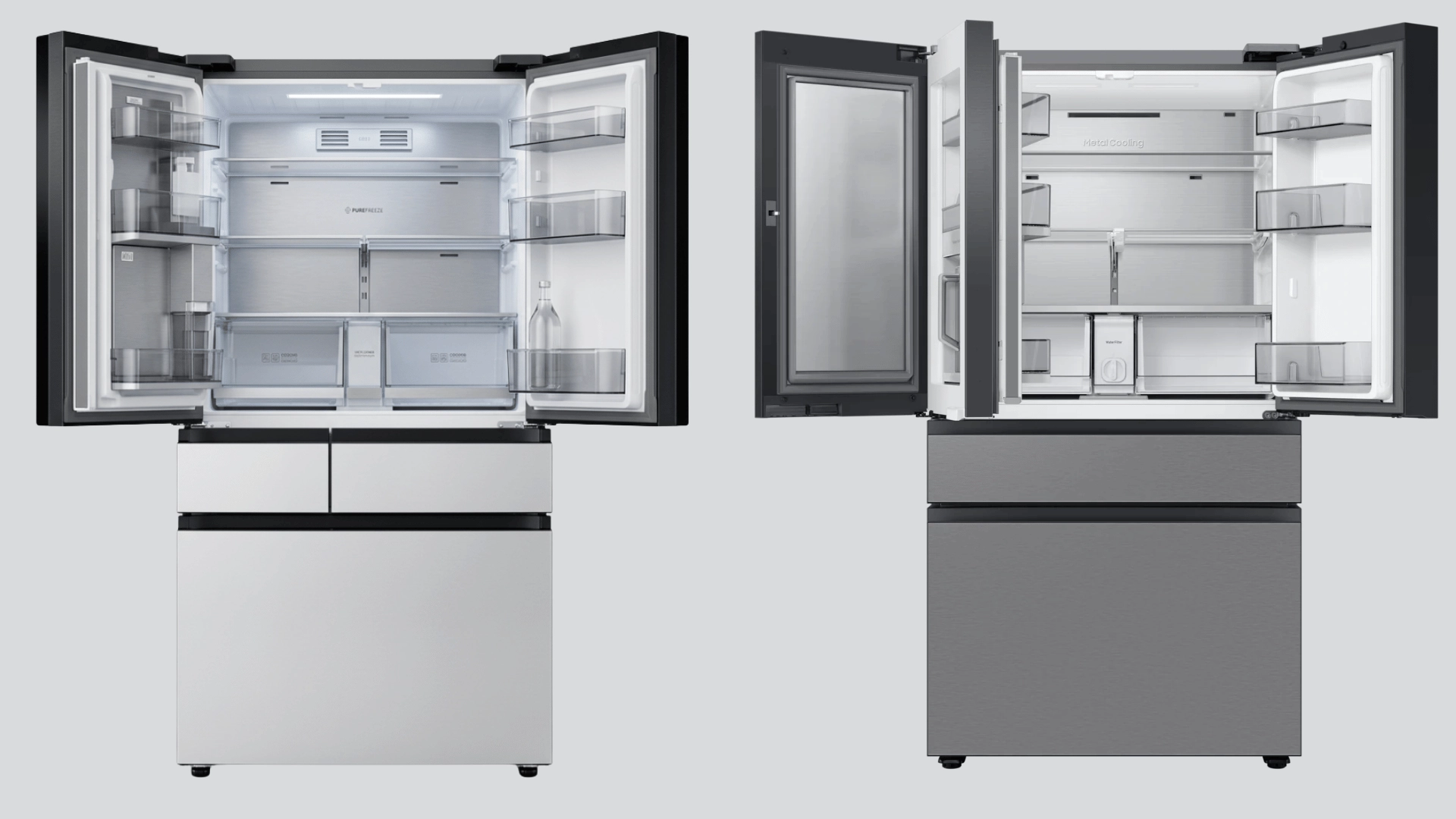 Two open French-door refrigerators showing differences in shelf, door-bin, and freezer storage layouts.