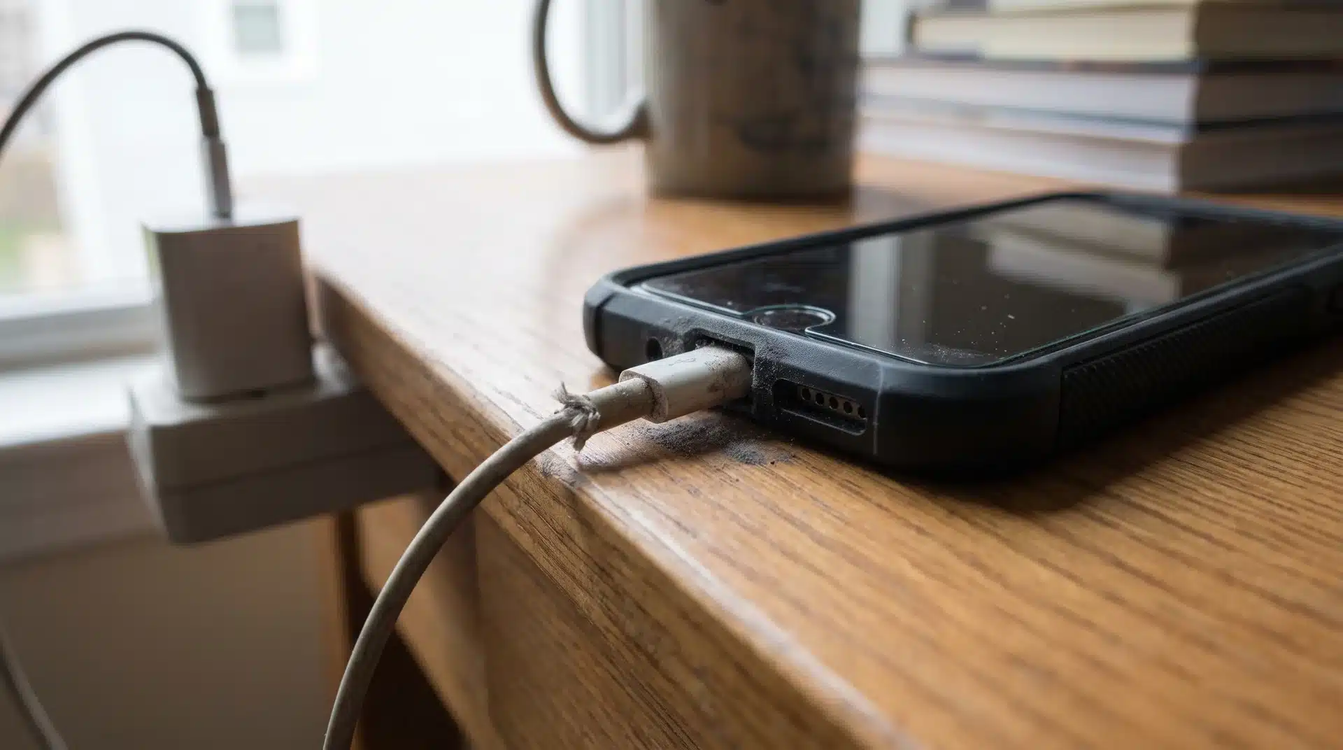 Smartphone charging setup with cable, adapter, case, and charging port area visible