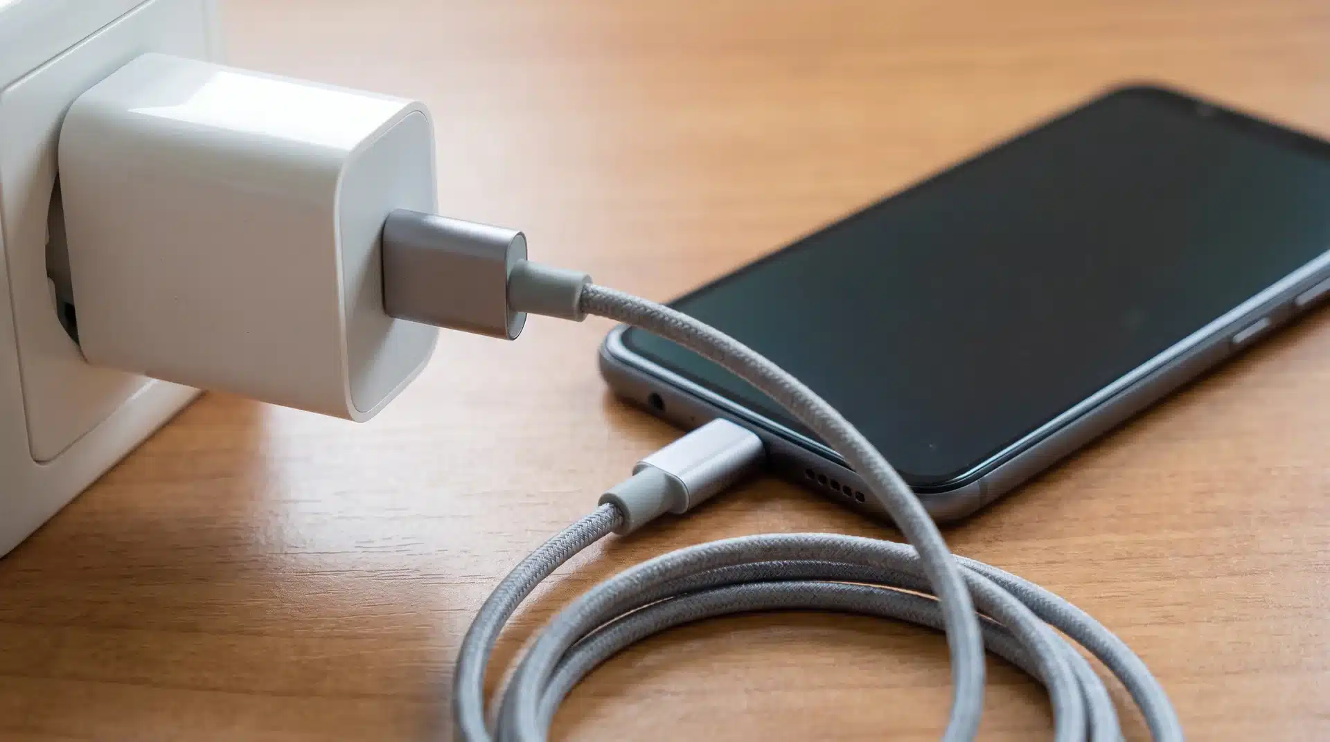 Charging cable connected between a wall adapter and smartphone