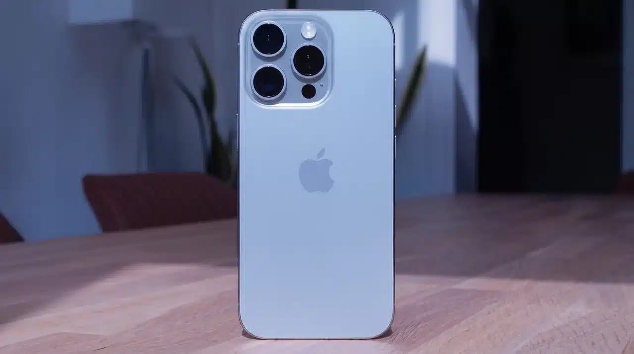 iPhone rear view showing camera module and titanium frame design