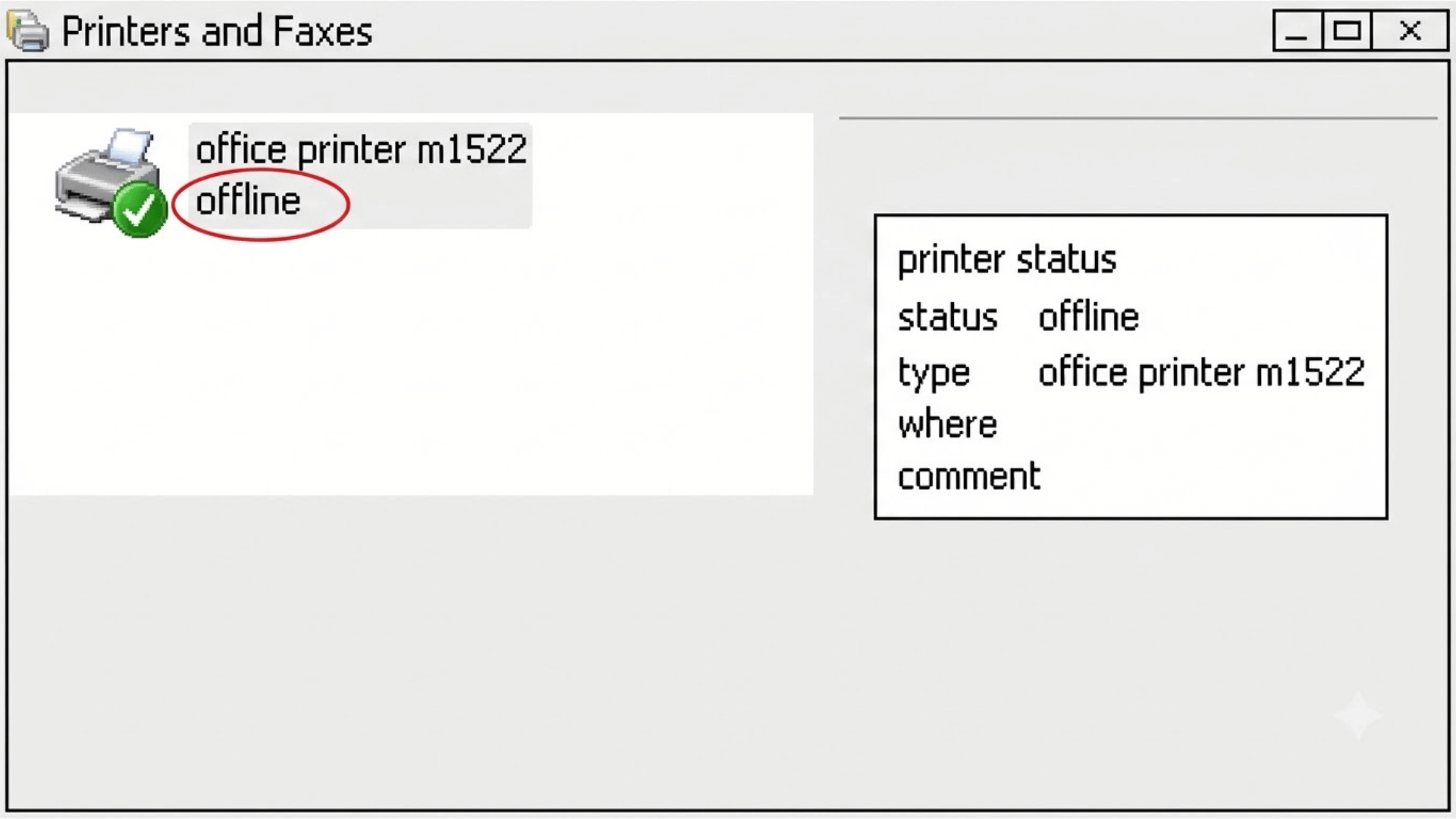 windows printer status panel showing an offline printer with the offline label circled in red