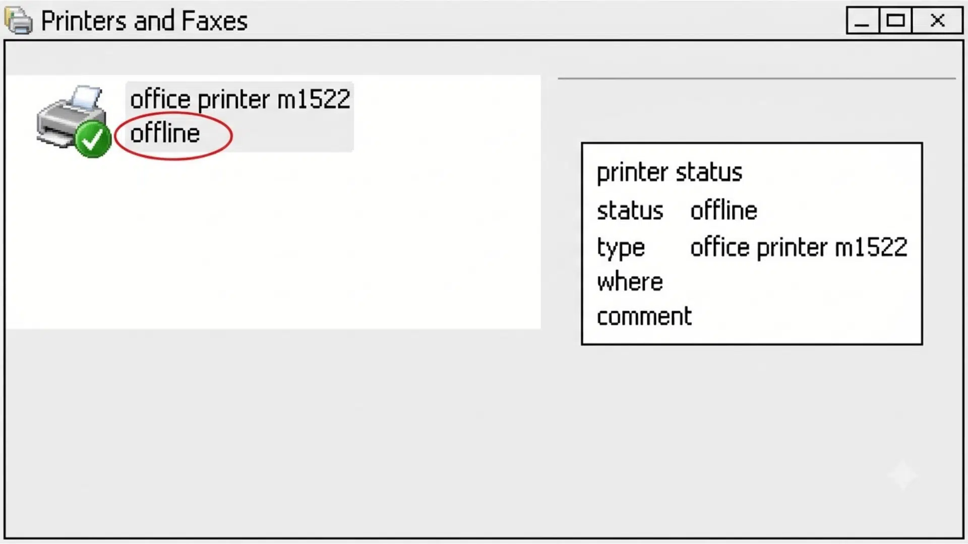 windows printer status panel showing an offline printer with the offline label circled in red