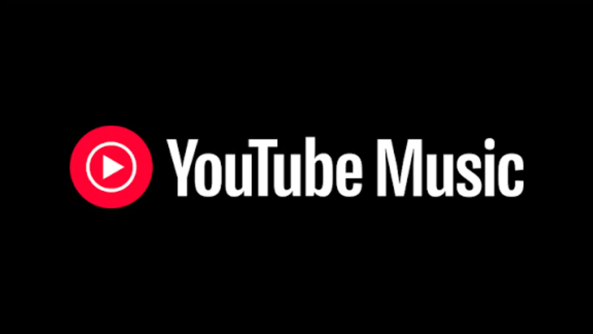 YouTube Music logo with white text and red play button icon on a black background.