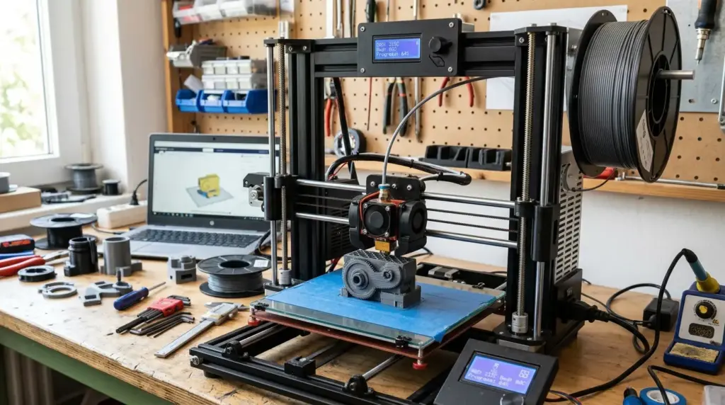3d printer creating a small prototype object in a realistic workshop environment with tools