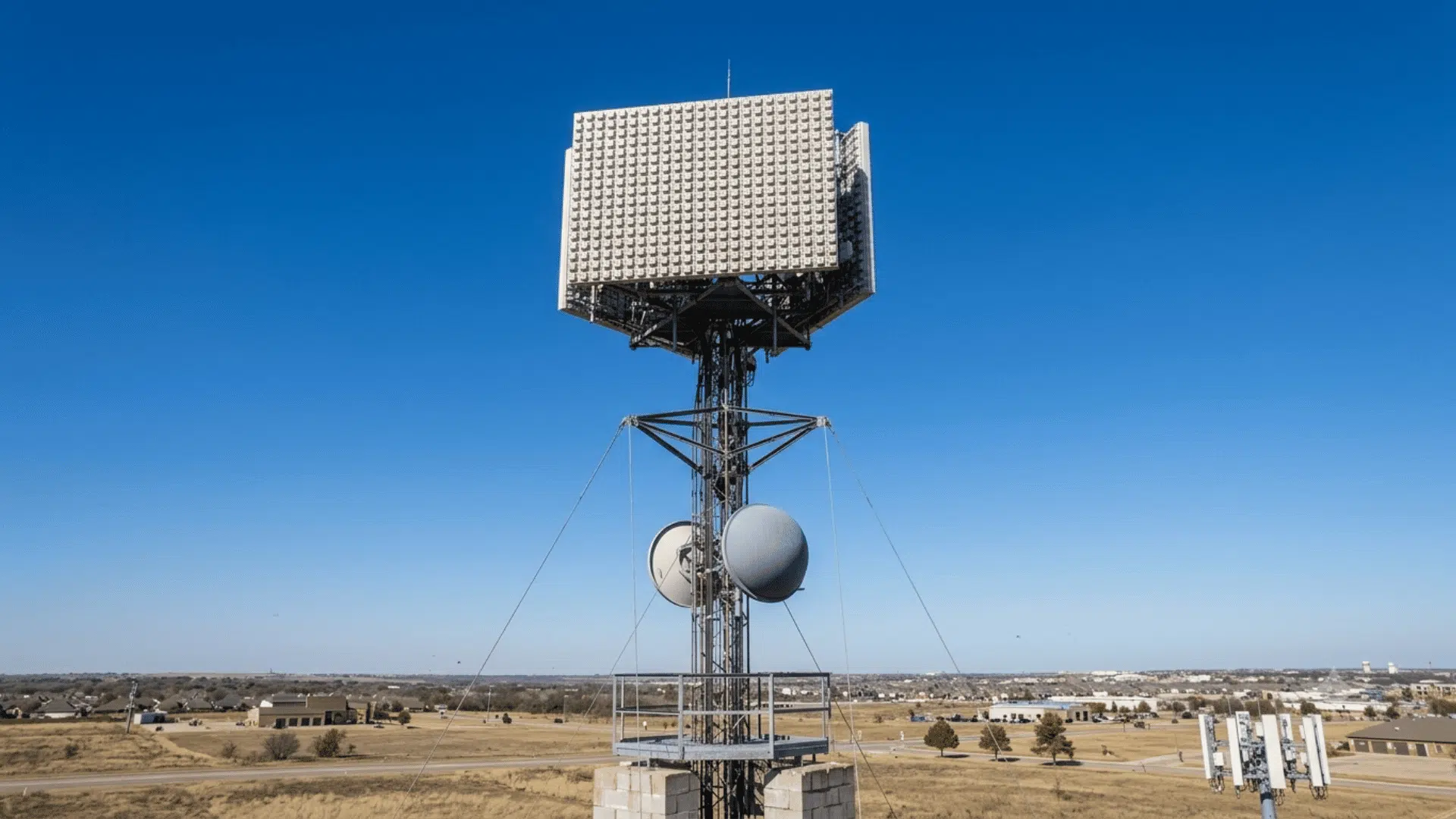a large telecommunications tower with a high density antenna array and microwave dishes on a clear day