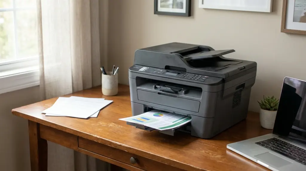 all in one printer types modern all in one printer on wooden desk with paper output in bright home office
