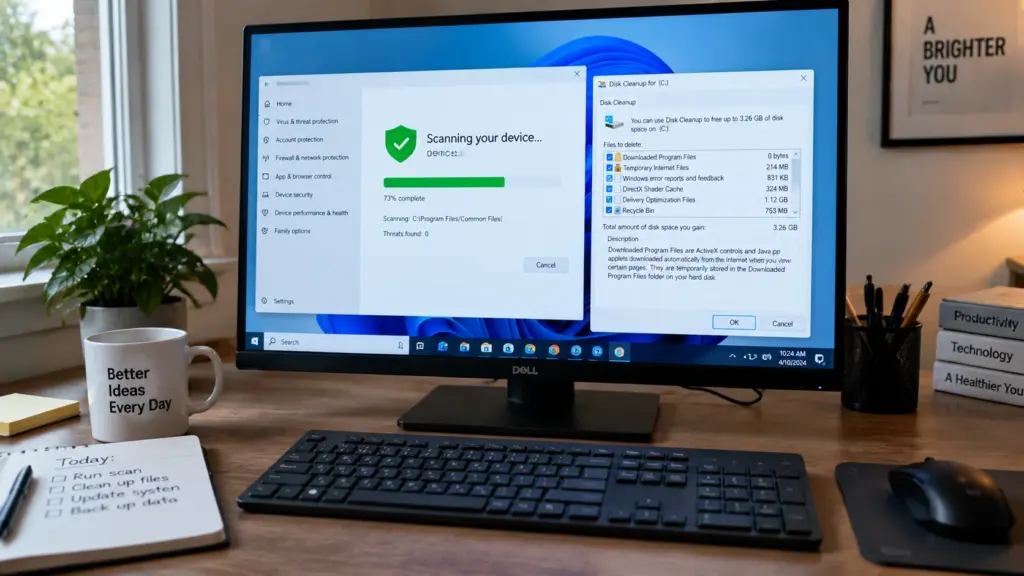 computer screen showing antivirus scan and disk cleanup tools running on a desktop system