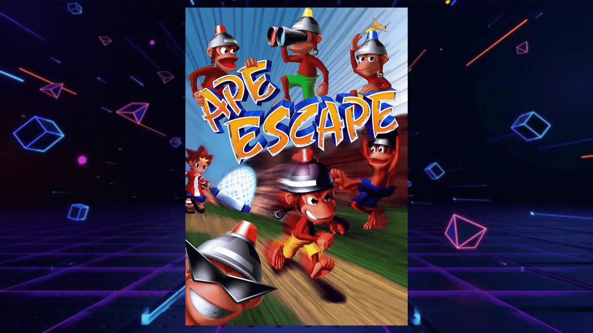 ape escape ps1 box art with group of helmeted monkeys running playfully in energetic colorful cartoon style