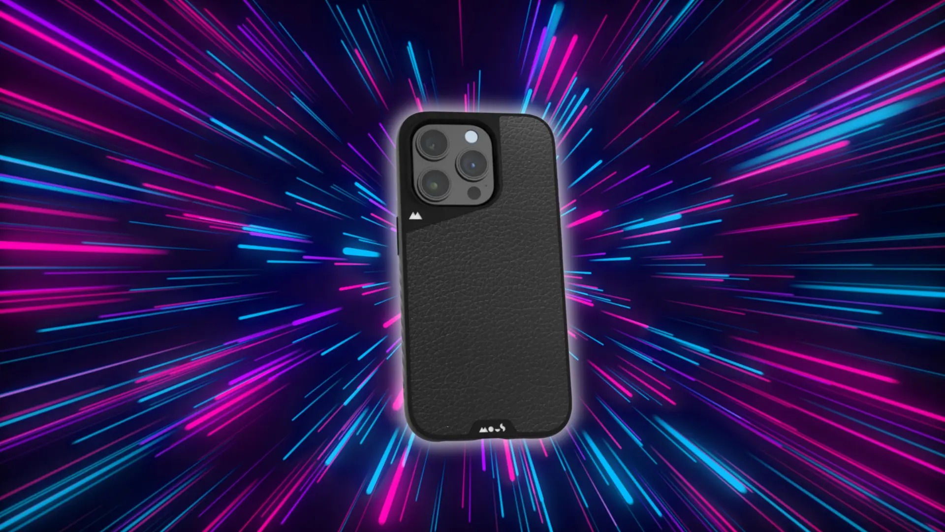Black leather iPhone case shown from the back with a camera cutout against a neon blue and pink light background.