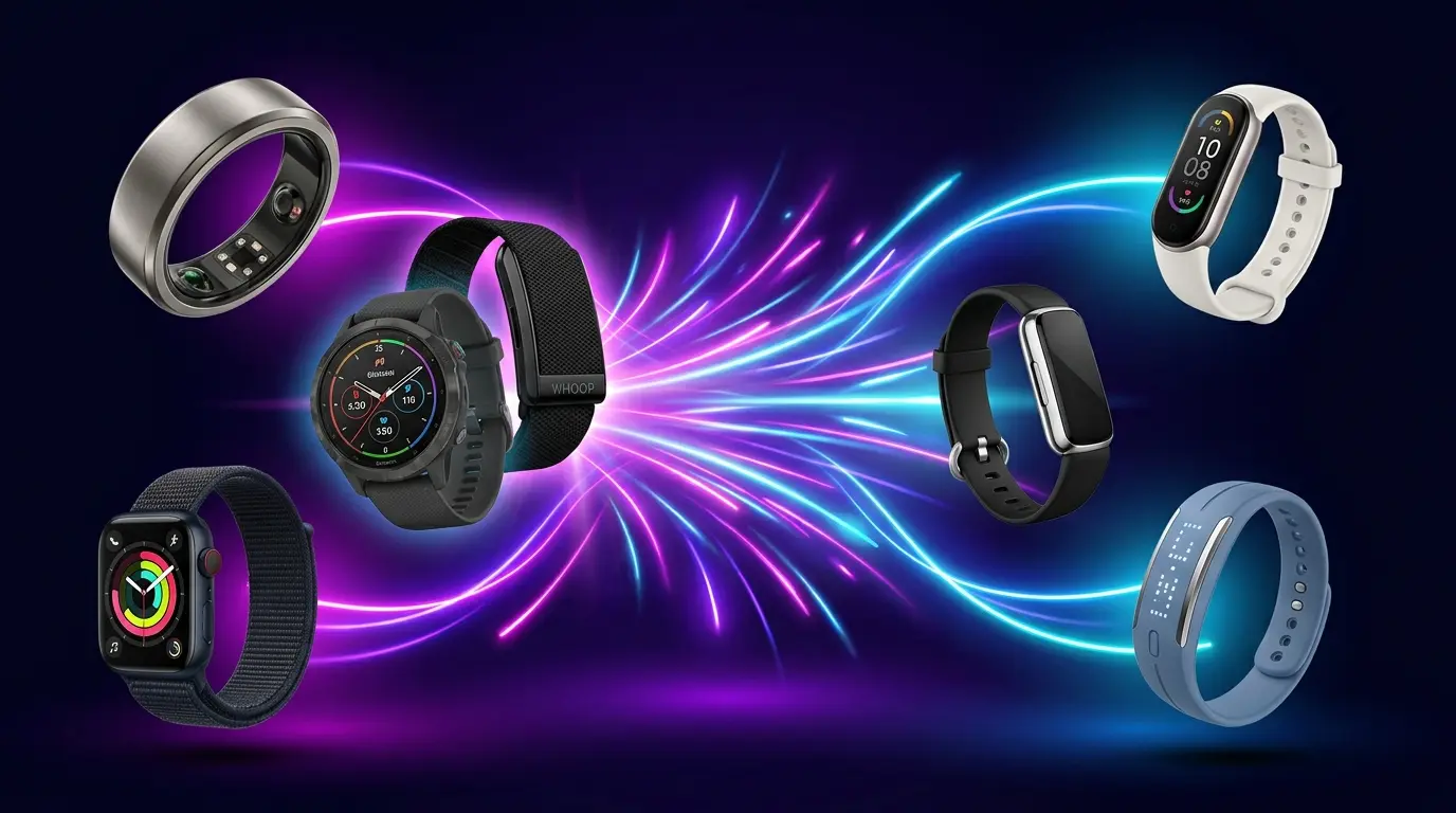 WHOOP and leading fitness tracker alternatives arranged around bright neon light trails on a dark background