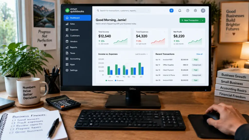 business accounting software dashboard showing income expenses reports and financial records on computer