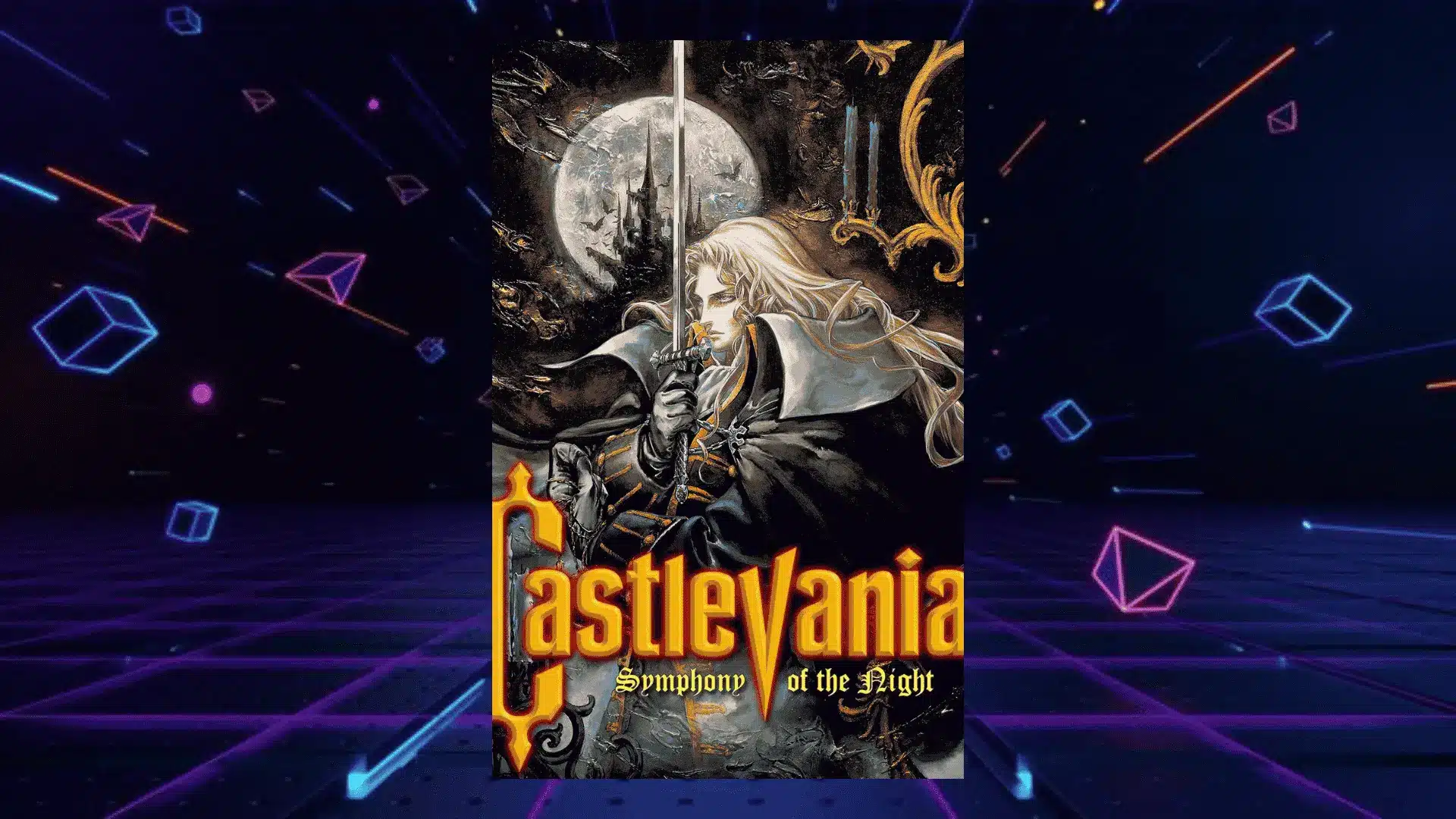 castlevania symphony of the night box art with alucard wielding sword before glowing full moon castle