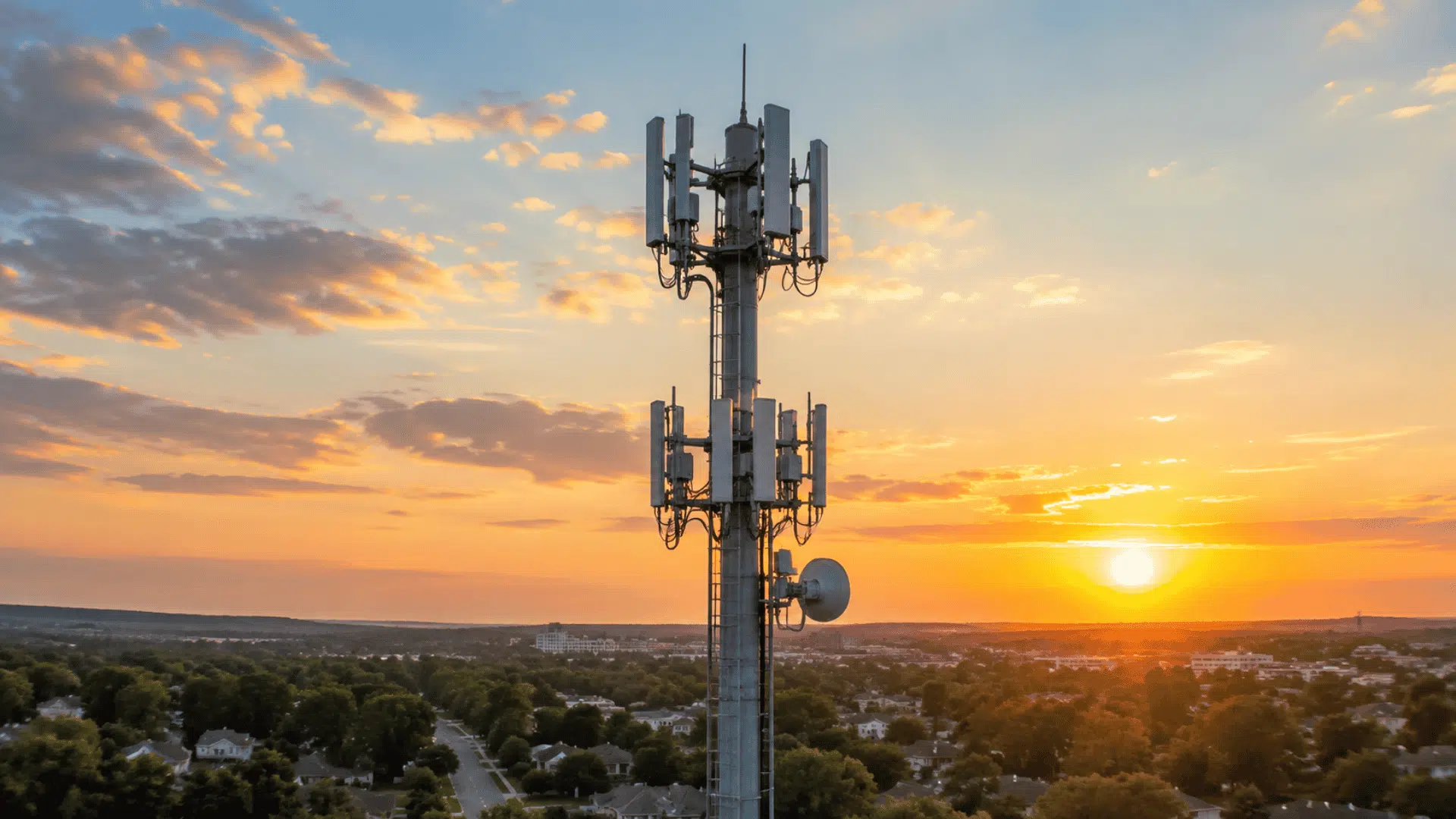 cell tower with panel antennas and microwave dish above suburban homes and trees during a warm sunset sky view
