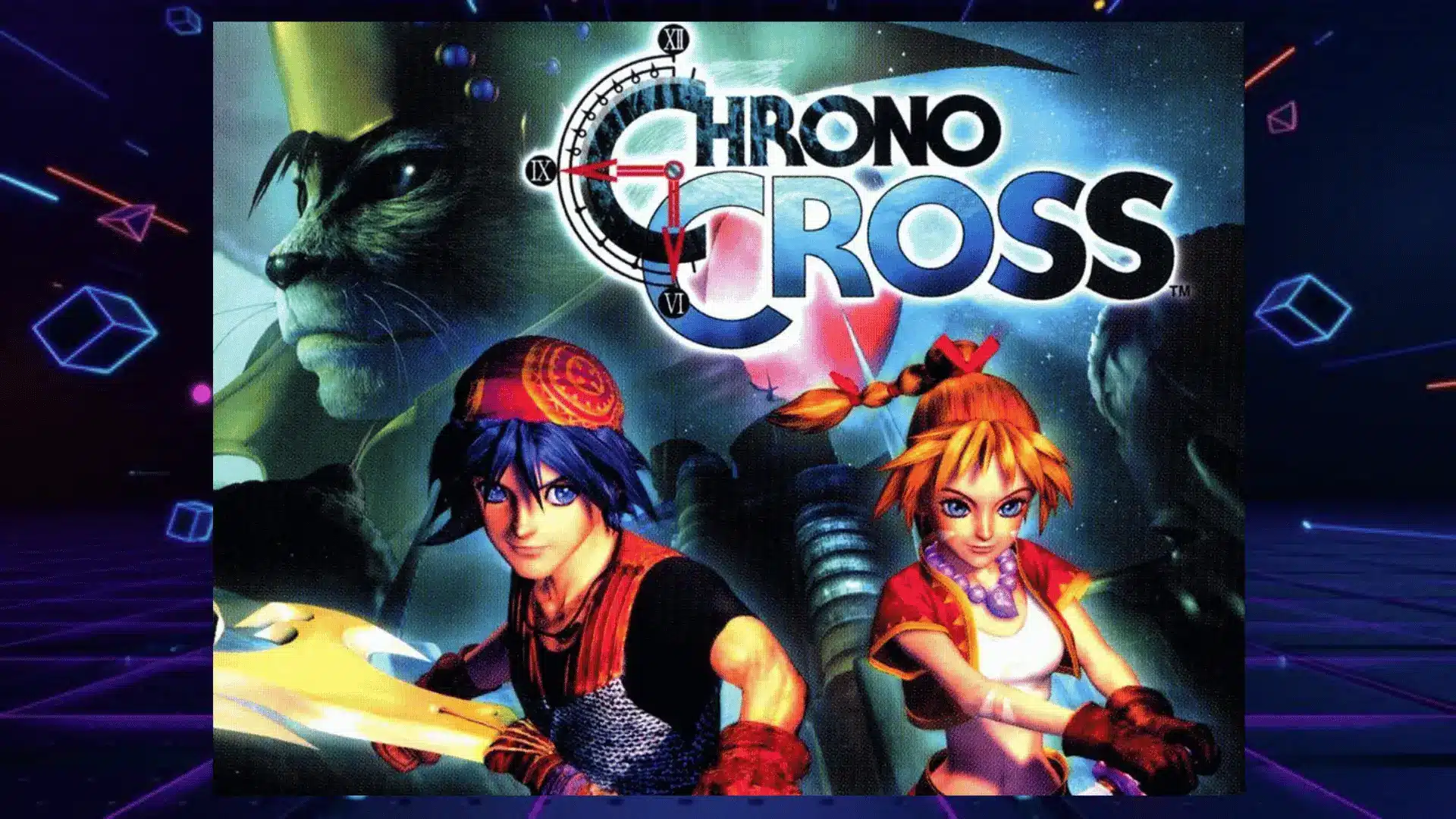 chrono cross box art with serge and kid characters alongside mystical cat like figure and clock logo