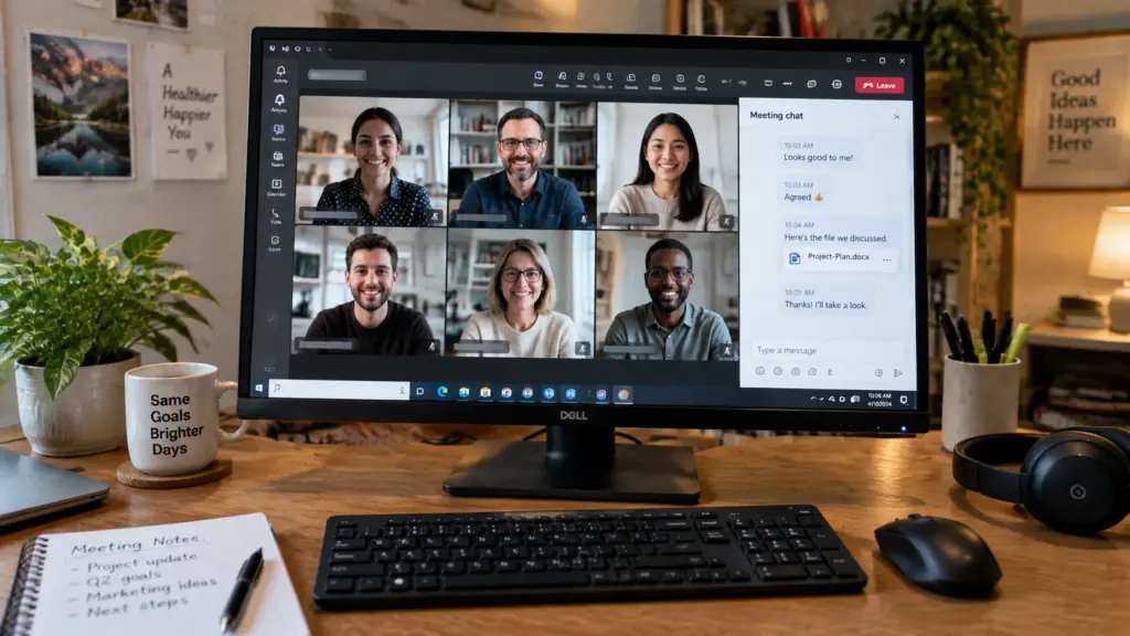 computer monitor showing online meeting participants and chat features for remote communication