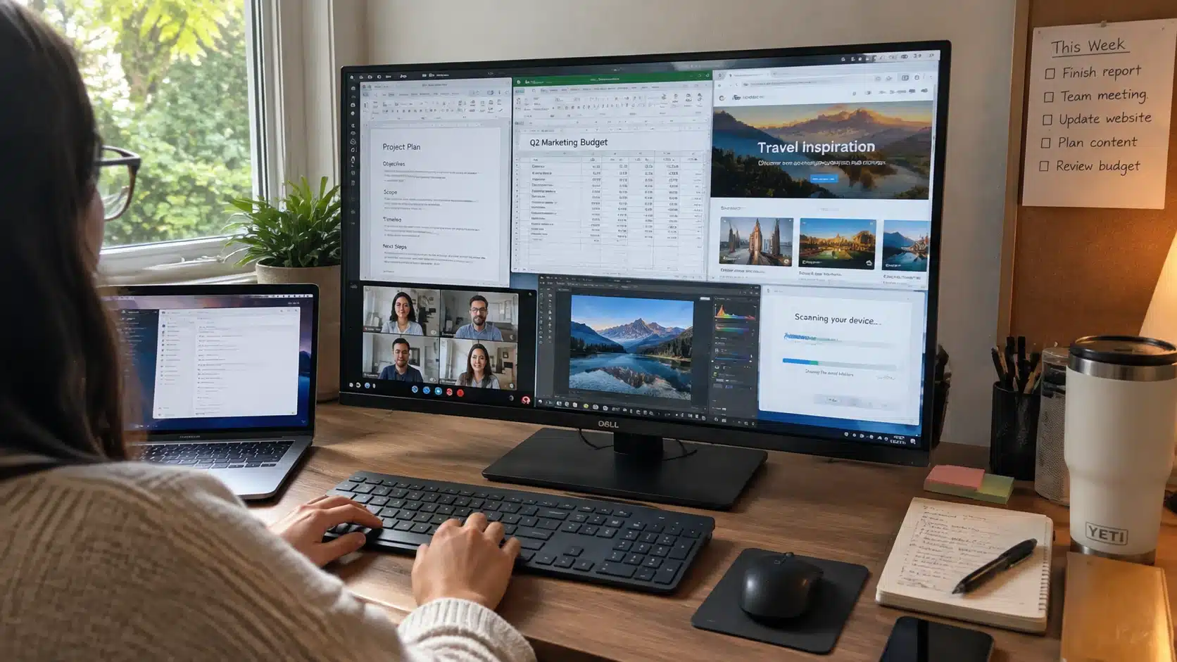 computer monitor showing different software programs used for daily work communication and creative tasks