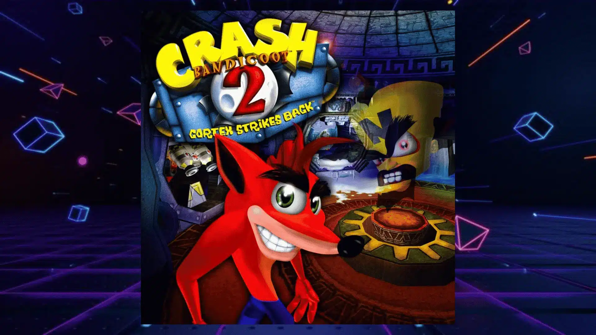 crash bandicoot two cortex strikes back box art with grinning crash inside ancient temple ruins