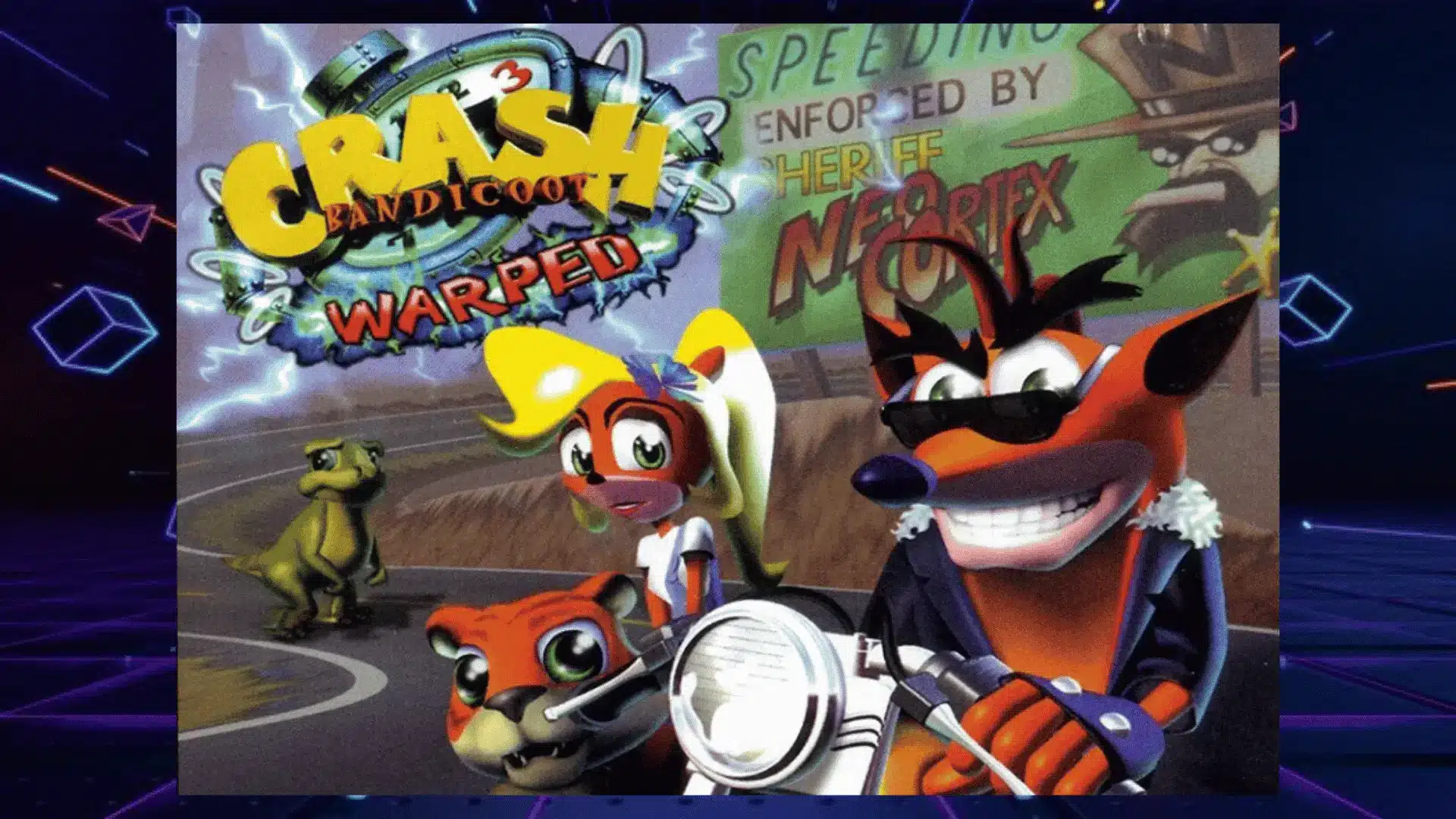crash bandicoot warped box art with sunglasses wearing crash riding motorcycle alongside coco and baby dinosaur