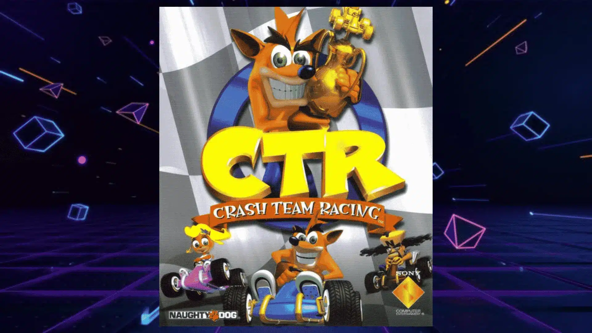 crash team racing ps1 box art with crash bandicoot holding golden trophy above colorful kart racers