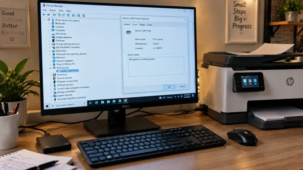 computer monitor showing device management with connected printer and hardware accessories