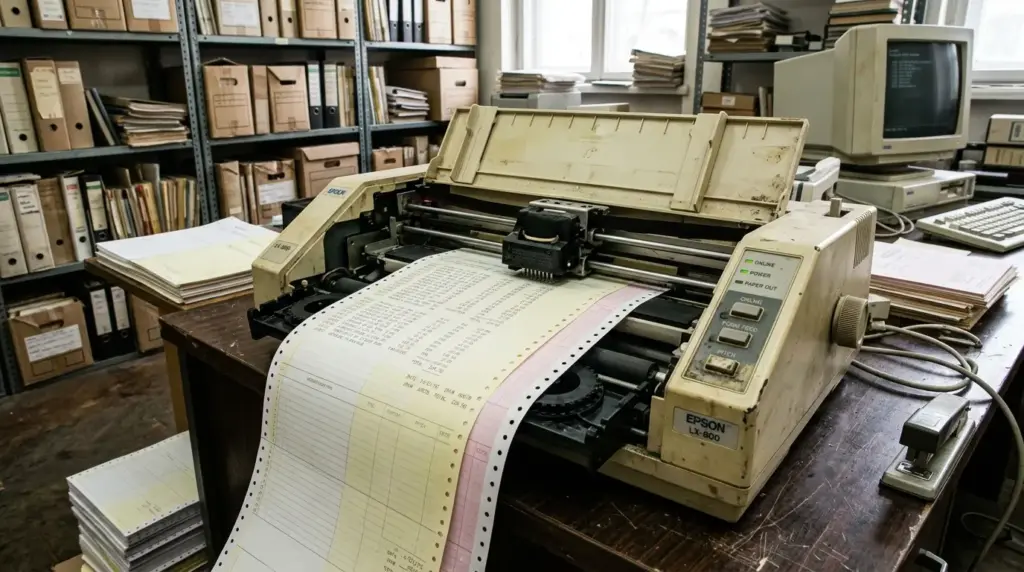 dot matrix printer producing continuous paper forms in an old office environment
