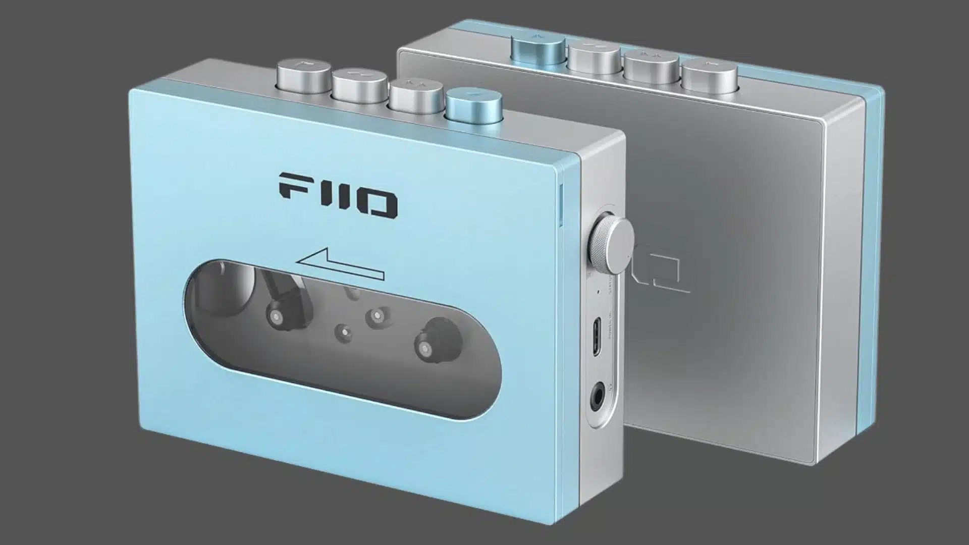 FiiO CP13 portable cassette player in black and white with transparent tape window on a grey background
