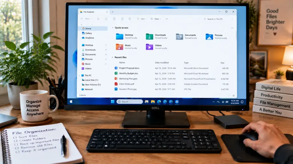 file management software showing folders, documents, and organized storage tools on a desktop computer
