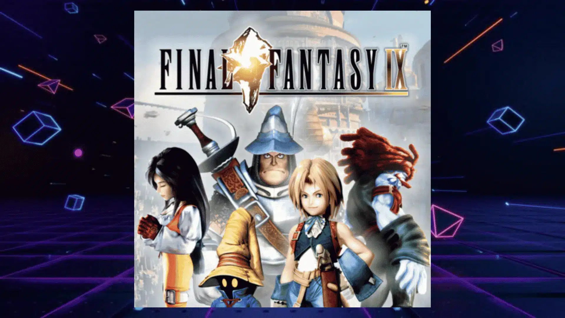 final fantasy nine box art with zidane vivi steiner and garnet standing before grand castle backdrop