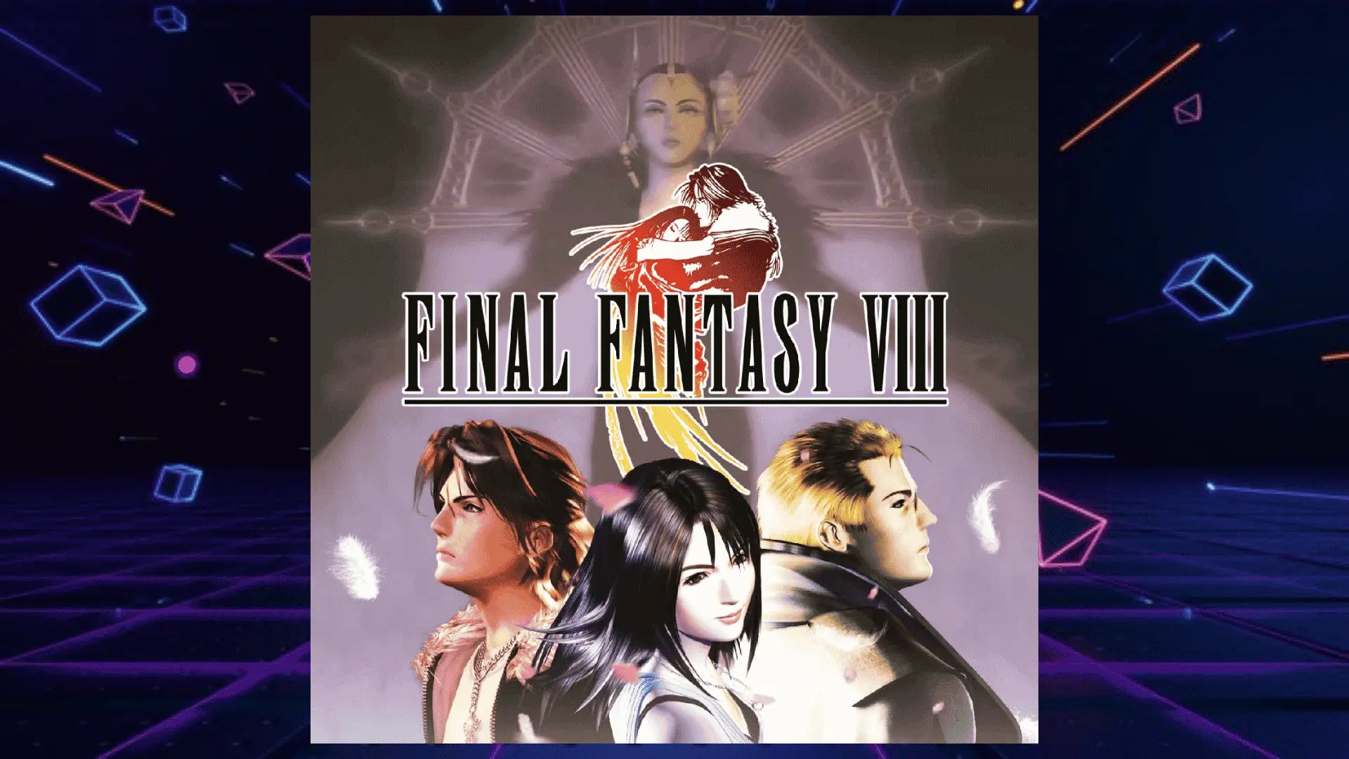 final fantasy eight box art with squall rinoa and quistis alongside embracing couple silhouette above