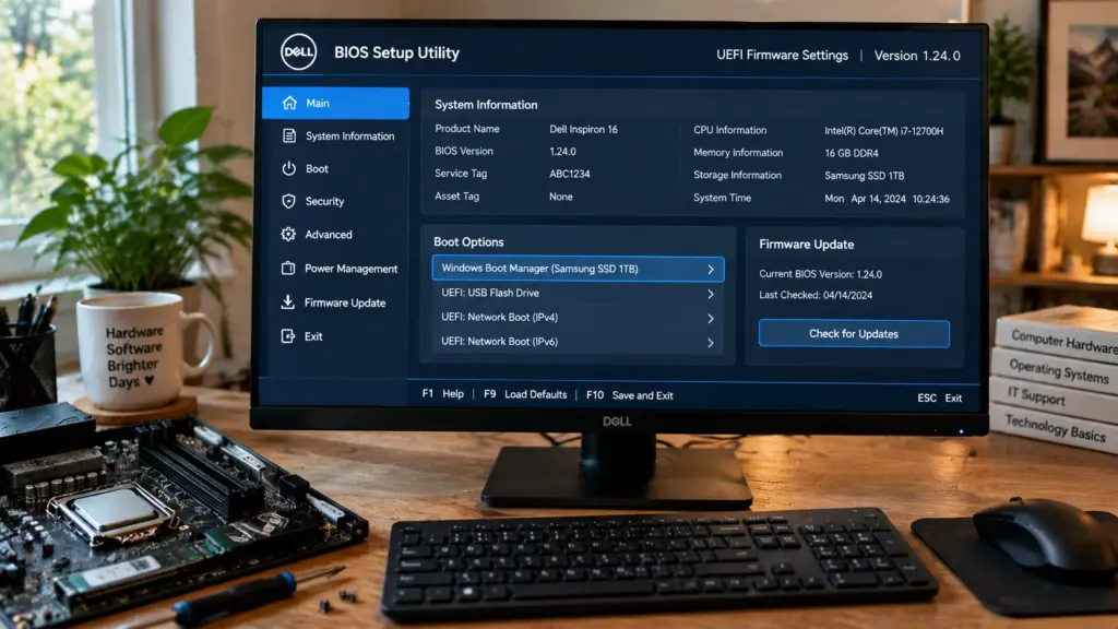 computer monitor showing BIOS firmware settings with hardware details and startup options on desktop