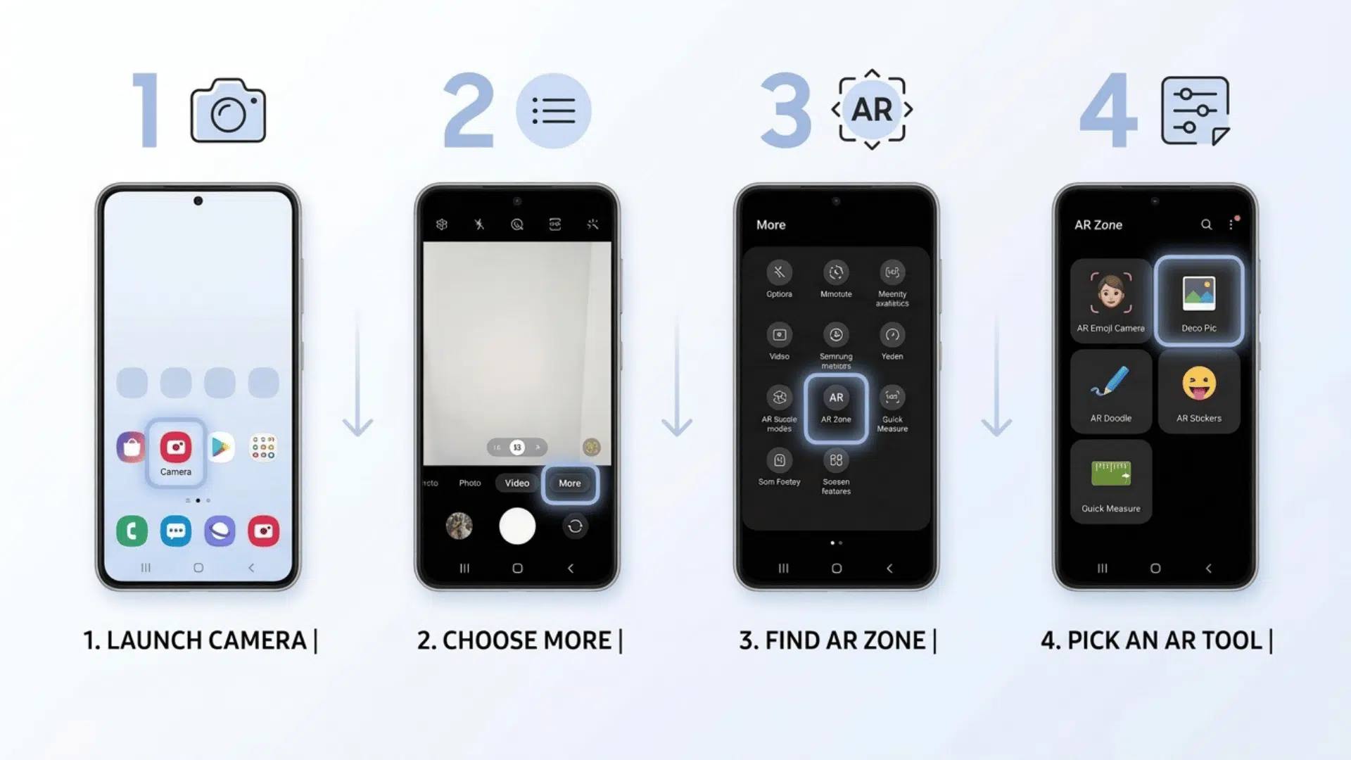 four step infographic showing how to open ar zone through the camera app and select an a tool
