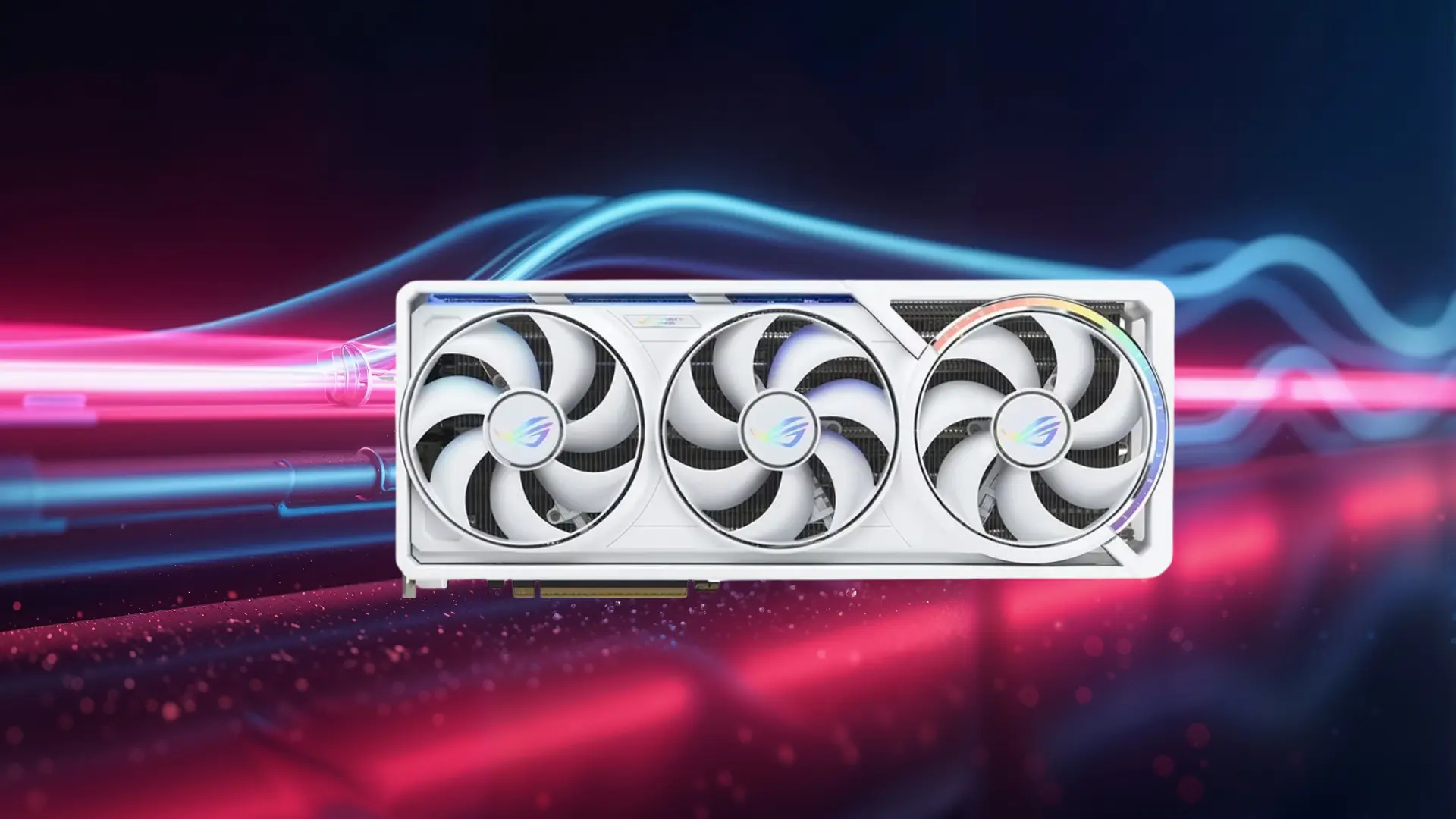 white triple fan graphics card with rgb lighting on dark blue and pink background