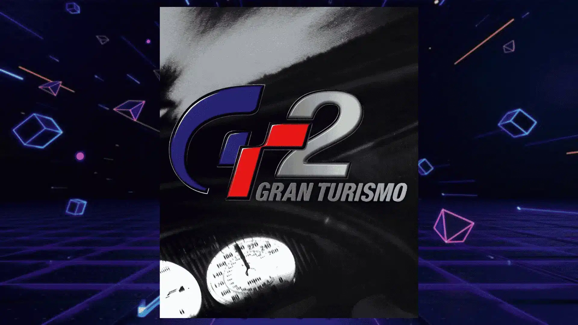gran turismo two ps1 box art with bold logo and detailed close up view of car dashboard speedometer gauges