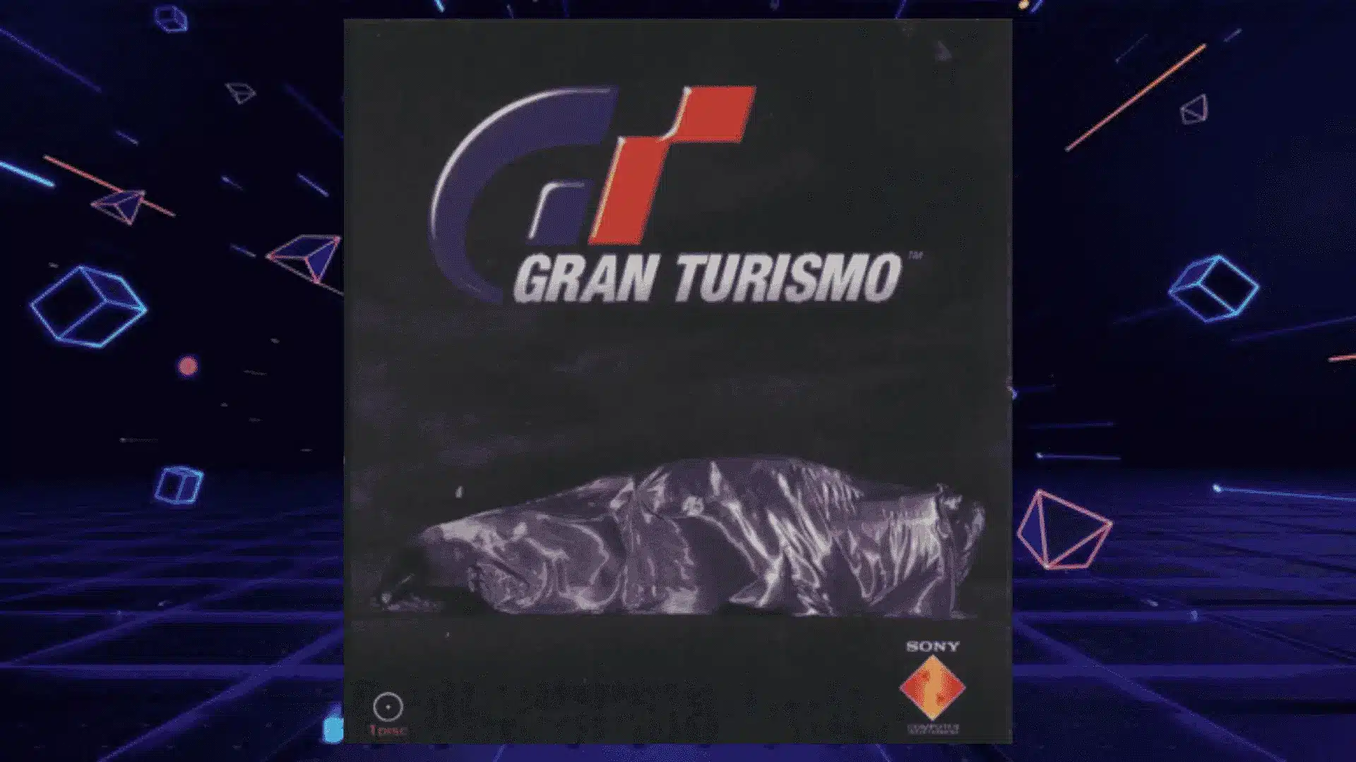 gran turismo ps1 box art with mysterious car covered under silver tarp in dark moody garage setting