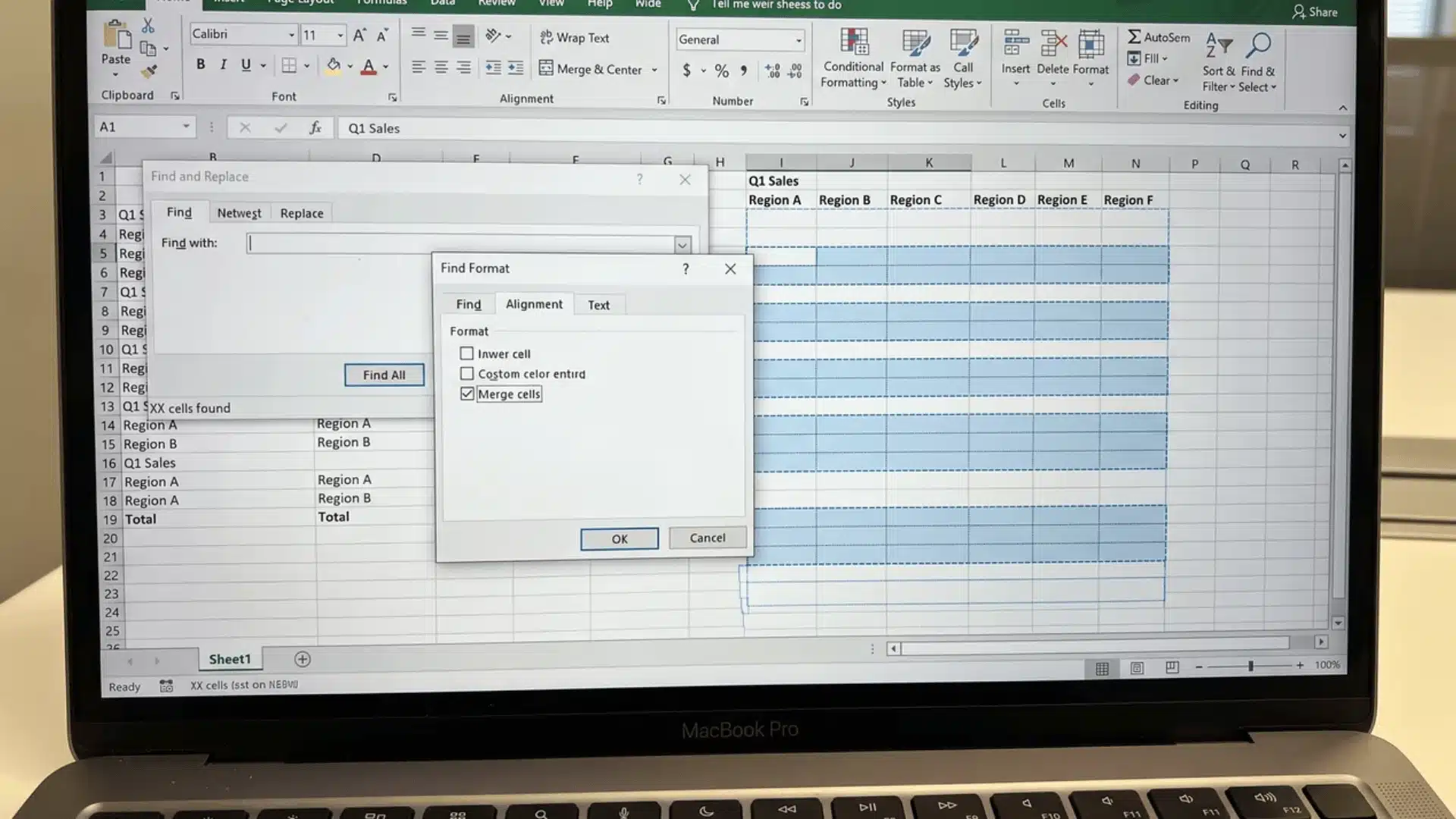 Excel sheet with Find and Replace dialog locating multiple merged cells in a worksheet