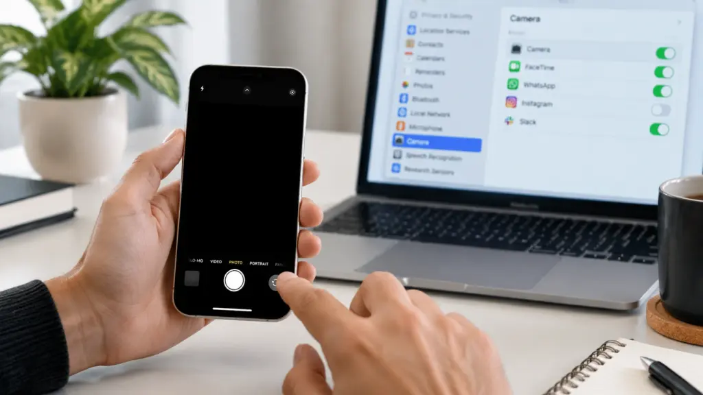 hand holding an iphone with a black camera screen next to a laptop showing camera privacy permission toggles