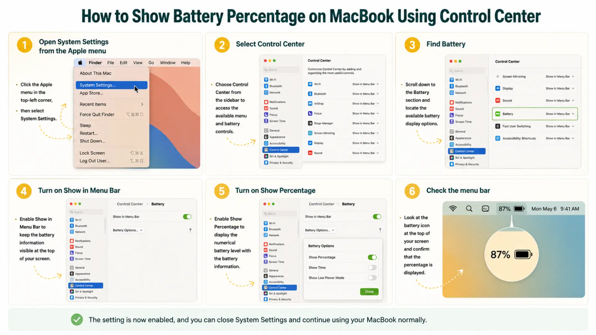 macbook battery percentage control center settings showing menu bar and battery percentage options