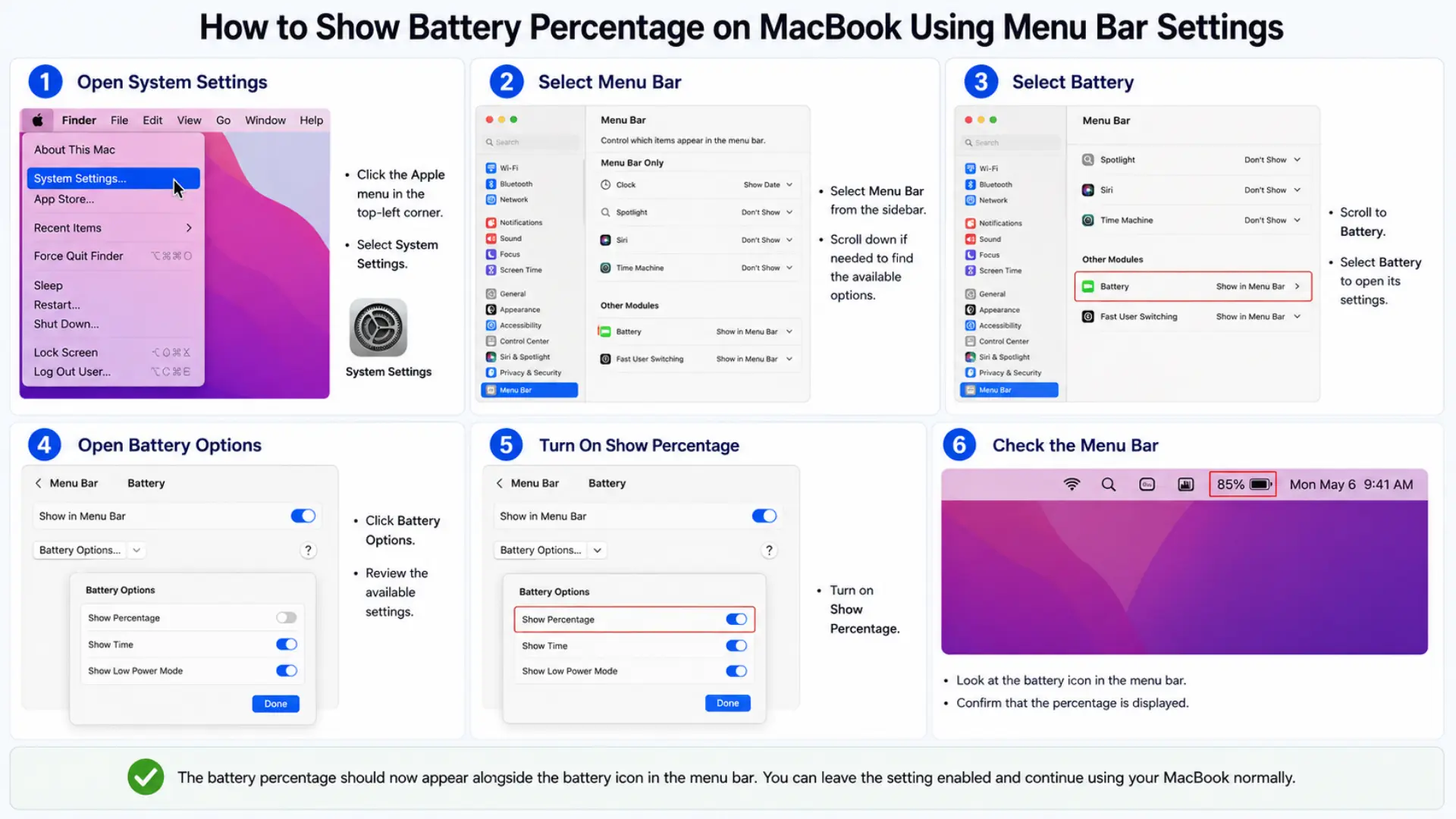 MacBook battery percentage menu bar settings showing battery options and percentage display controls