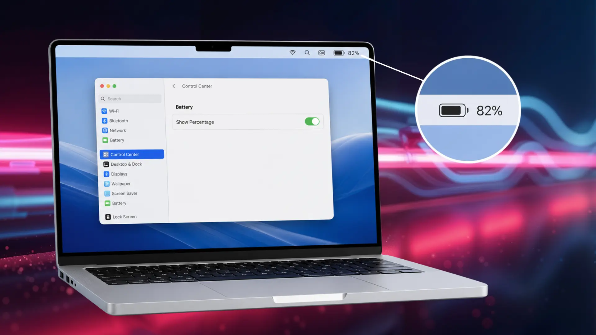 MacBook screen showing battery percentage settings with an enlarged battery display at eighty two percent
