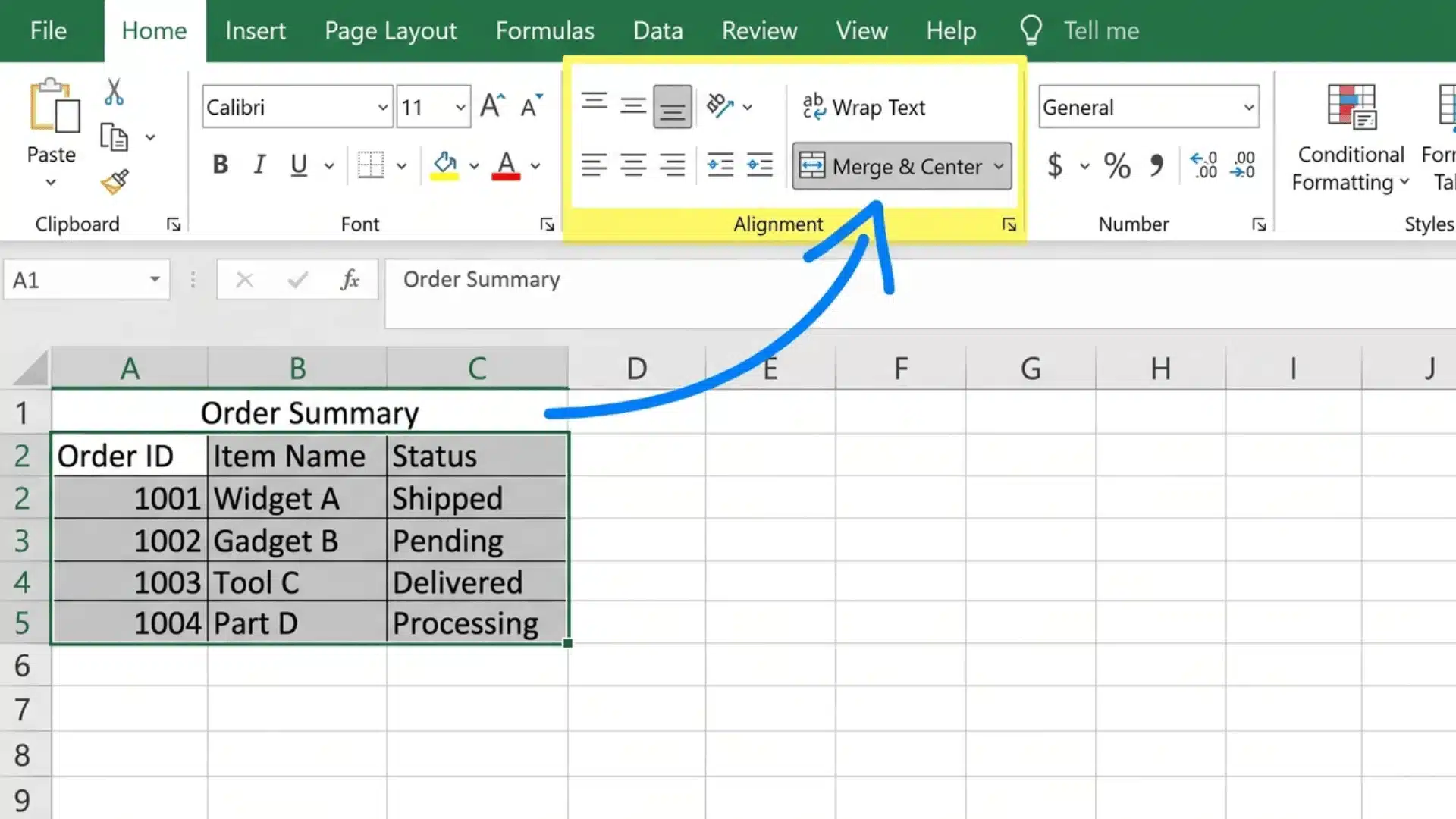 Excel worksheet with order data and blue arrow pointing to the Merge & Center toolbar button