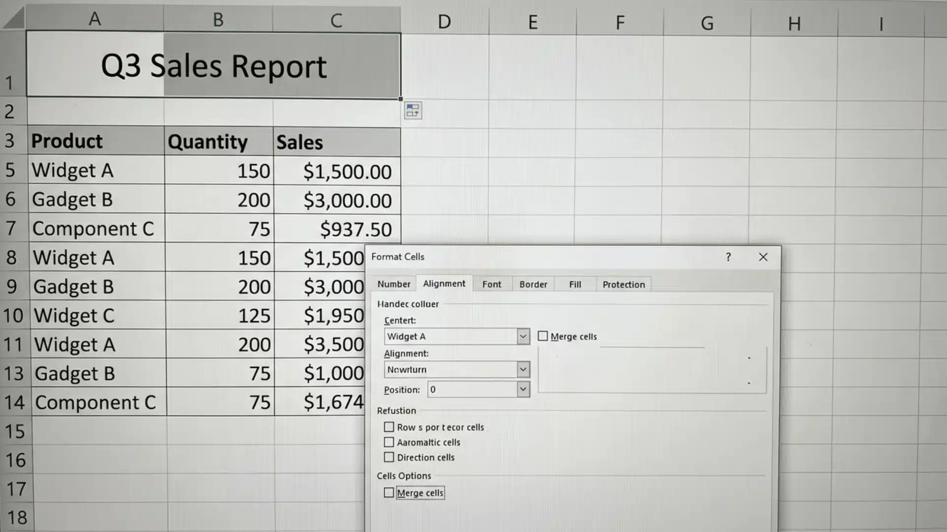 Excel spreadsheet with sample sales data and Format Cells dialog showing Merge cells option unchecked