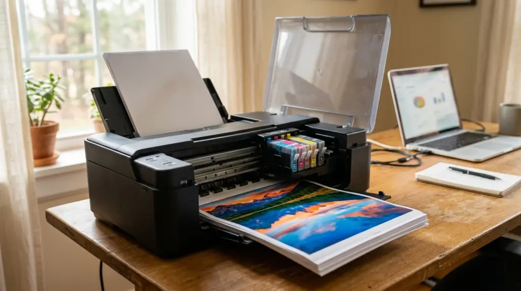 inkjet printer producing colorful photo prints on a home office desk setup