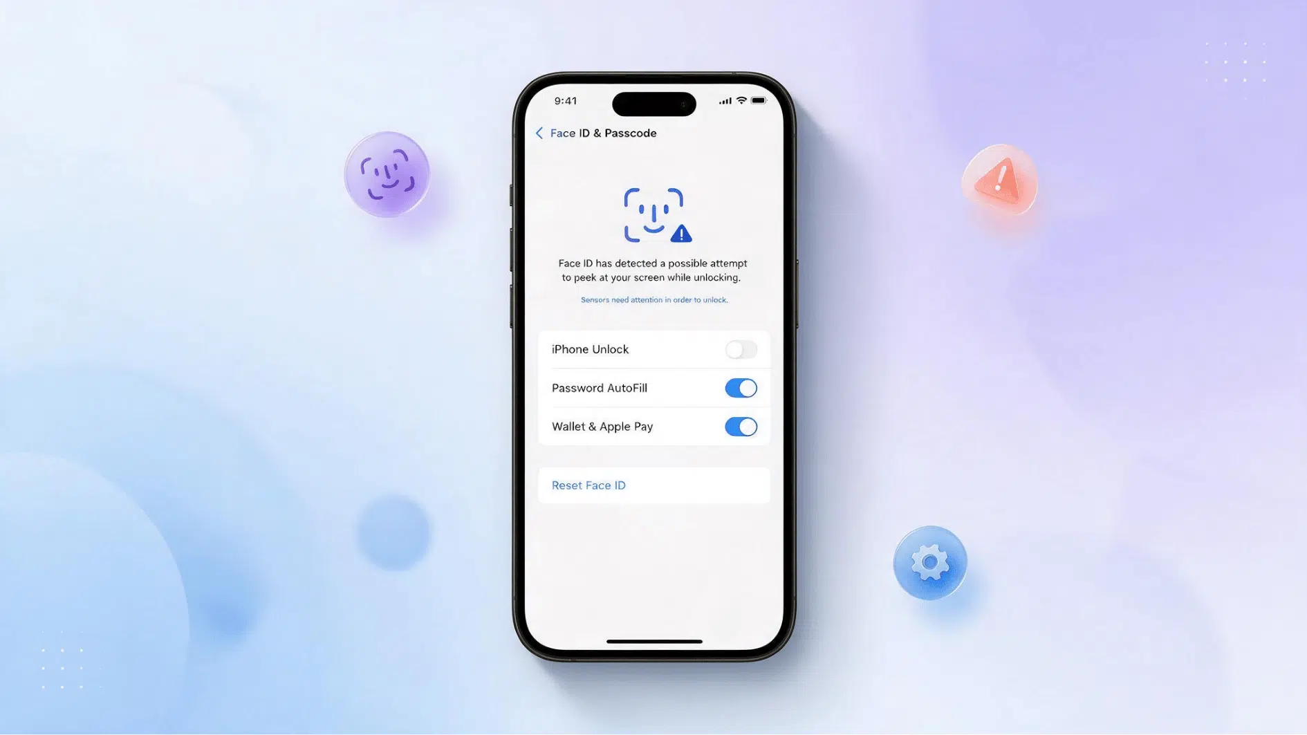 iphone face id settings screen with warning icon and floating face id alert and gear symbol on soft background