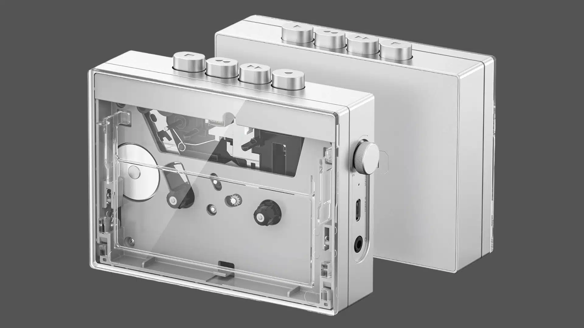 Silver FiiO CP13 cassette player shown from front and back with a transparent door and physical controls.
