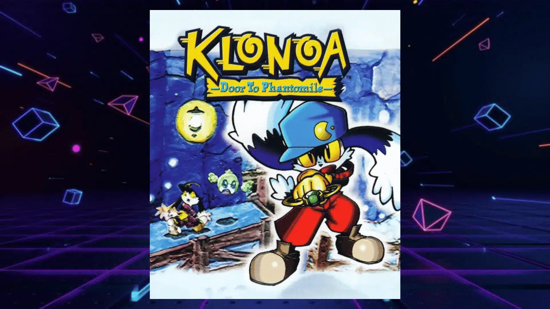 klonoa door to phantomile ps1 box art with blue capped winged hero and cheerful cartoon platformer companions