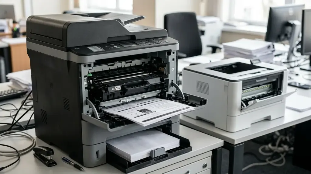laser and led printers showing toner-based printing in a modern office workspace setup