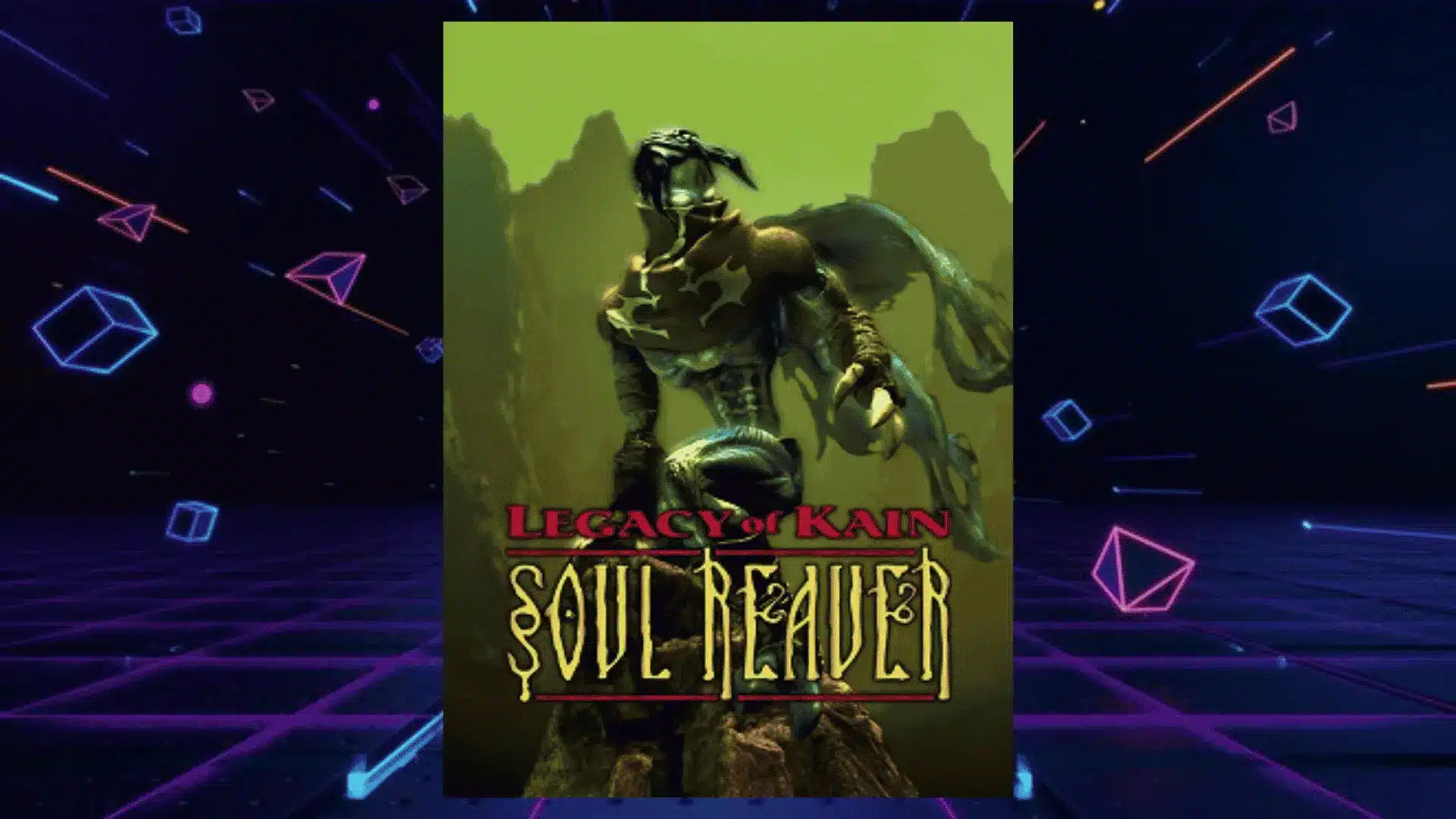 legacy of kain soul reaver box art with clawed vampire creature perched on rocky cliff under green sky